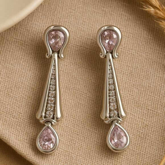 Sterling Silver Drop Earrings 1.5 Inch Pink Teardrop CZ Elegant Dangle - Picture 1 of 7
